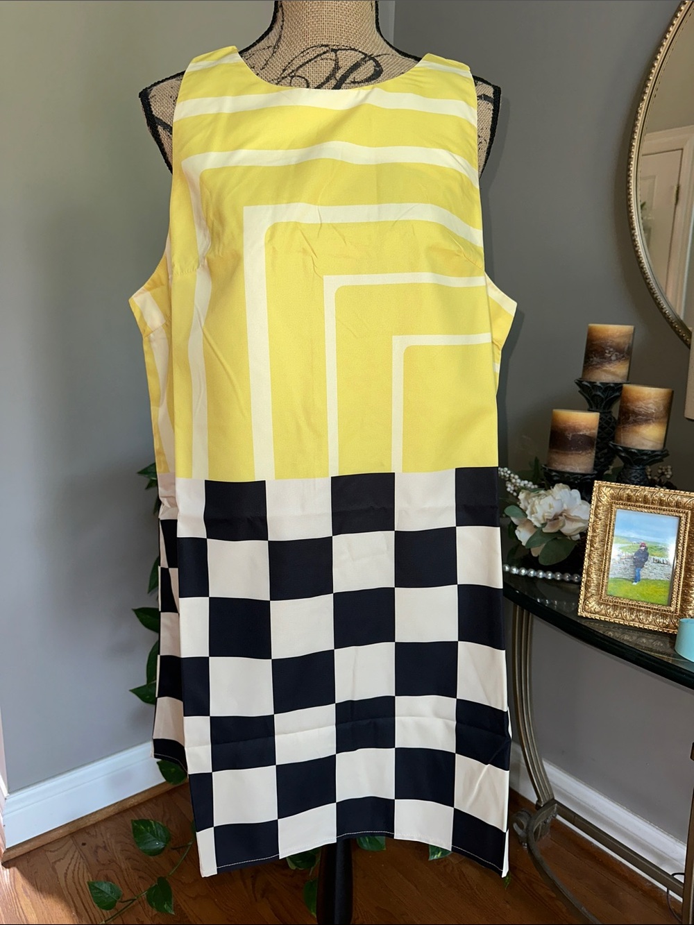 SHEIN Yellow, Black & White Geometric Block Midi Dress NWOT size XXL